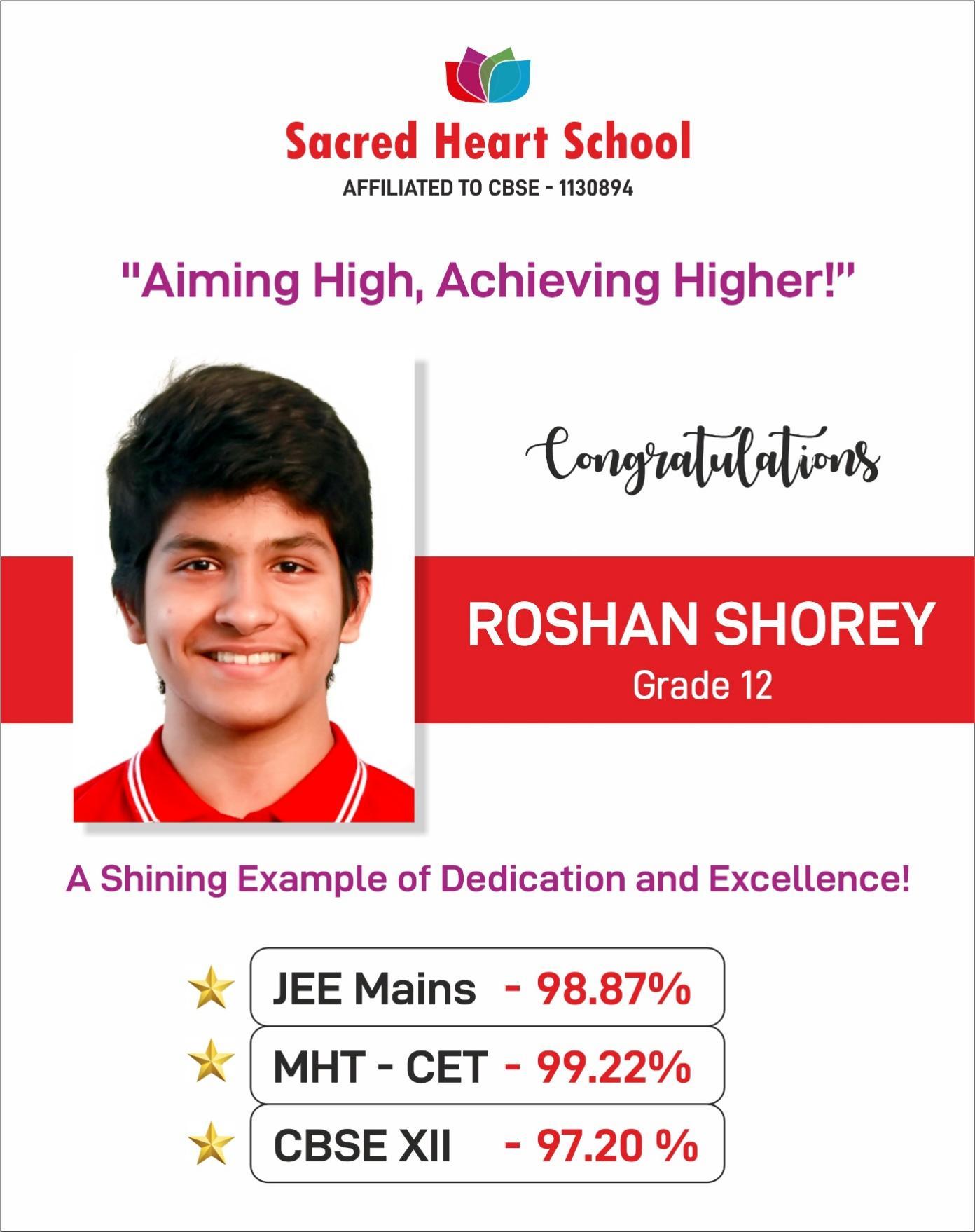 Roshan Shorey - Outstanding Academic Achievement - JEE Mains 98.87%, MHT-CET 99.22%, CBSE XII 97.20%